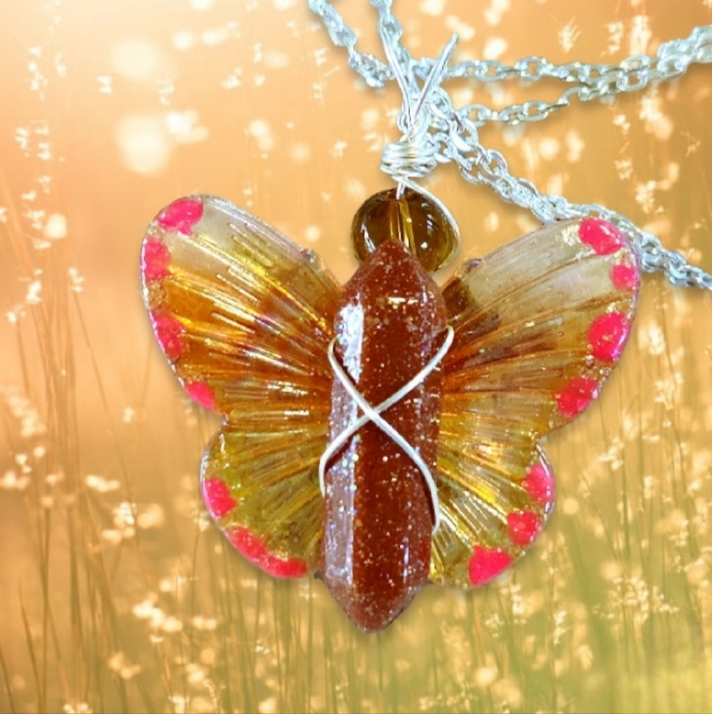 Glow in the Dark Sun Fairy Butterfly Wire Wrapped Goldstone Crystal Necklace